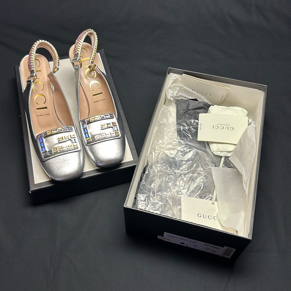 GUCCI NIB Argento Silver Sling-back Heels w/ Crystal Accents Size 40